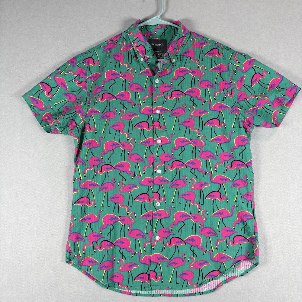 Bonobos Riviera Men's Medium Pink Green Flamingo Print Short Sleeve Shirt